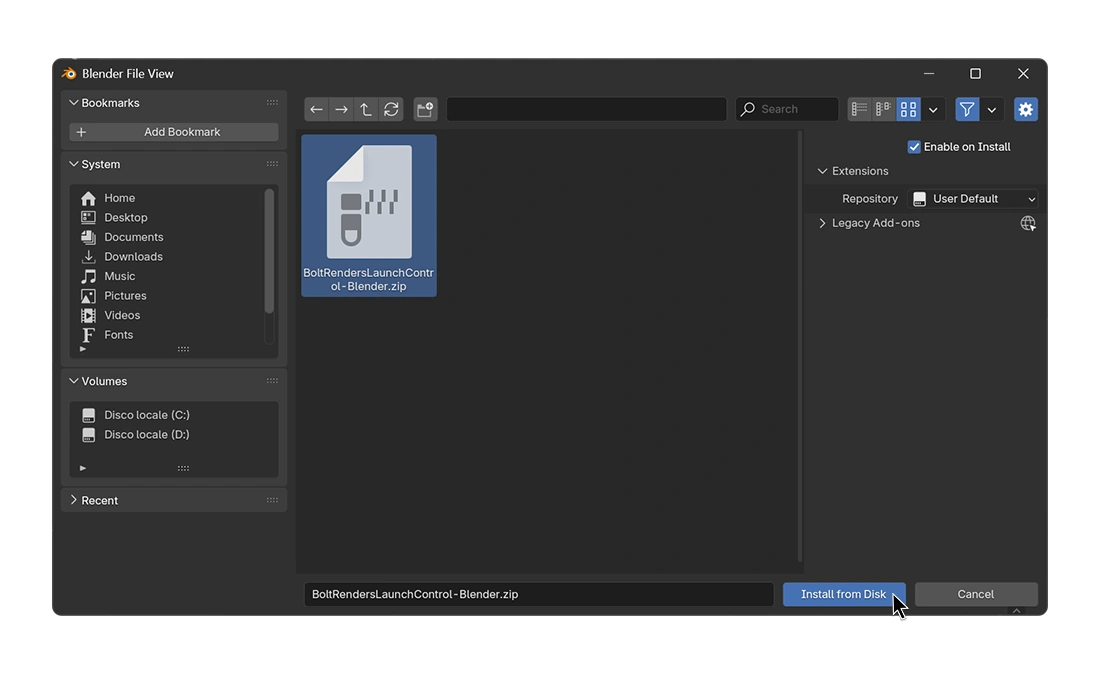 File browser in Blender with the LaunchControl zip file selected for installation.