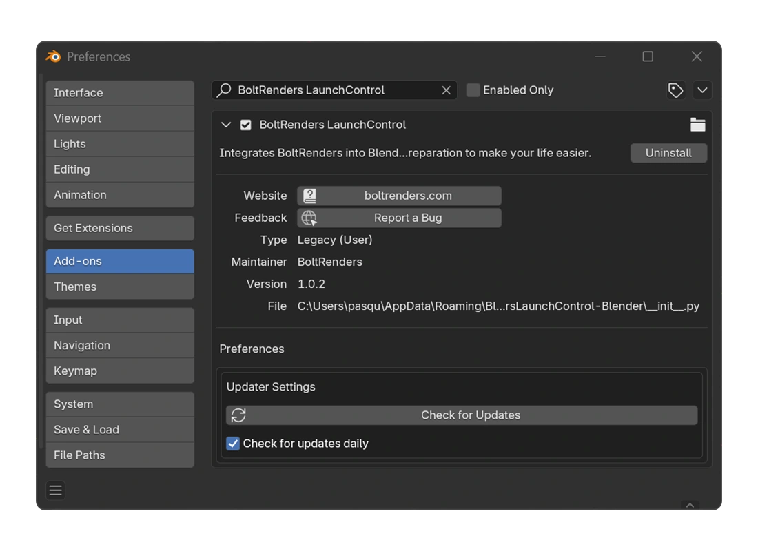 Blender Add-ons list showing LaunchControl enabled with its checkbox ticked.