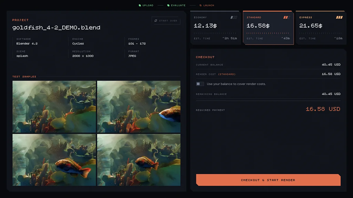The render page after an evaluation: four test frames on the left, the three tier cards and the payment summary on the right.