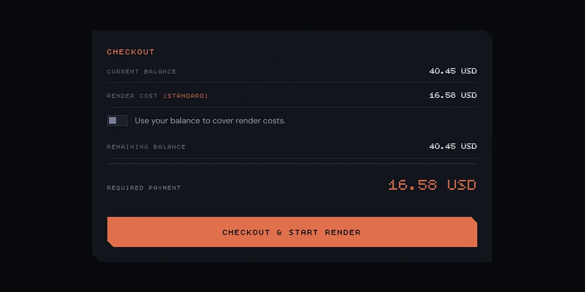 The payment summary: current balance, render cost, the balance checkbox, and the amount left to pay.