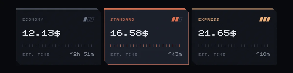 The three tier cards side by side, each showing its own price and delivery time, with the middle one selected.