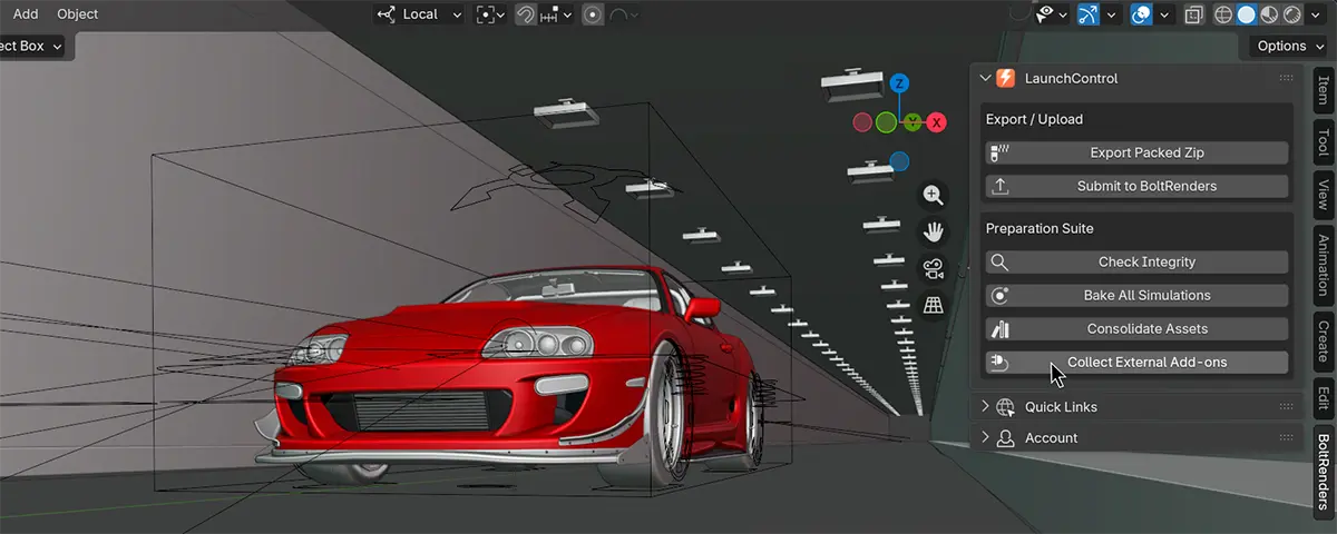 The Collect External Add-ons button in the LaunchControl panel, in a Blender viewport.