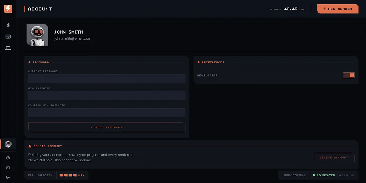 The Account section: profile picture, name and email, then the Password, Preferences and Delete Account cards.