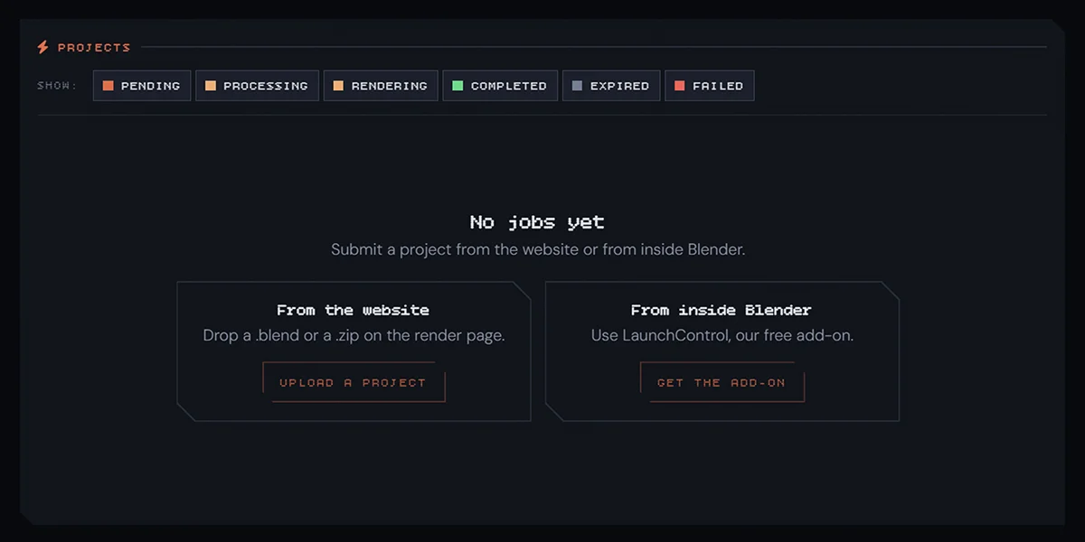 The empty project list, reading No jobs yet, with Upload a project and Get the add-on.