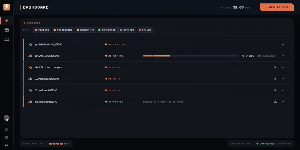 The BoltRenders dashboard with the Dashboard section open: the icon rail on the left, the title bar across the top, the project list in the middle and the status strip along the bottom.