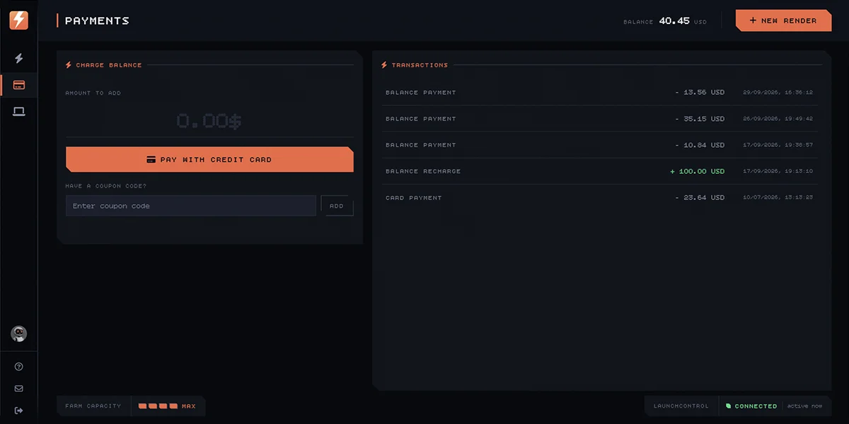 The Payments section: the Charge Balance card with the amount and coupon fields, and the Transactions list.