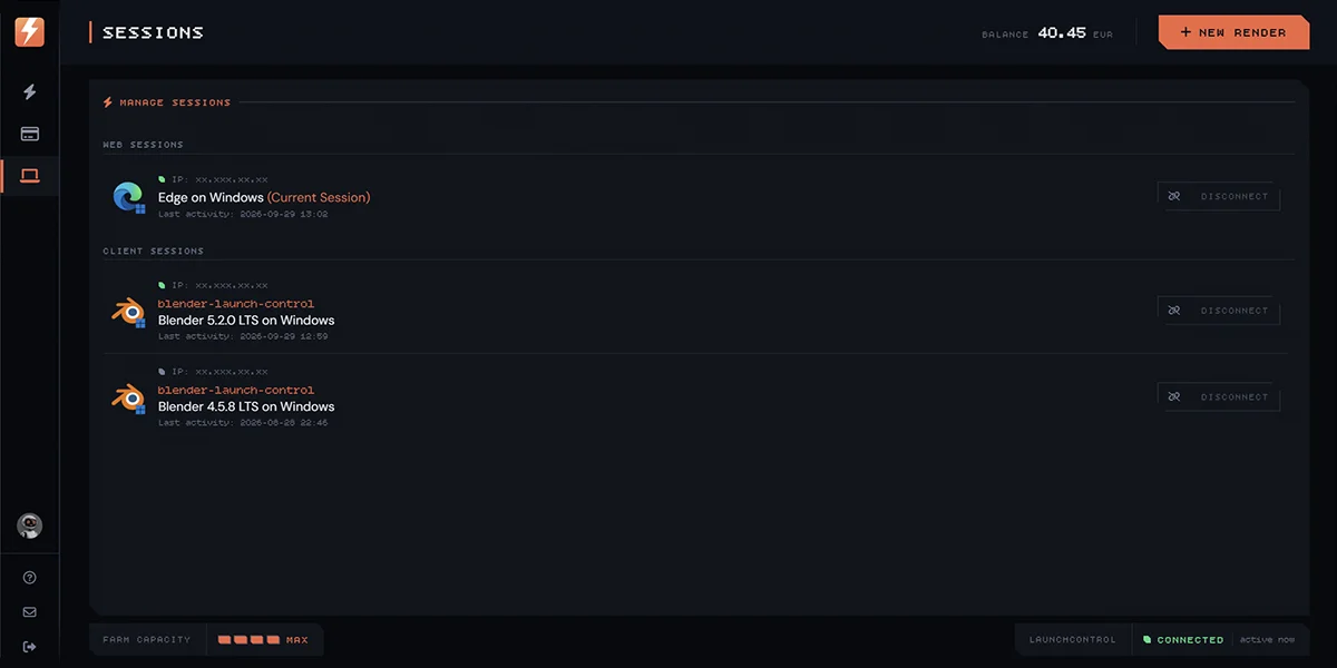 The Sessions section, with one web session and two LaunchControl client sessions, each with a Disconnect button.