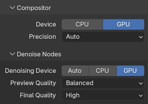 Performance panel: Compositor and Denoise Nodes device settings.