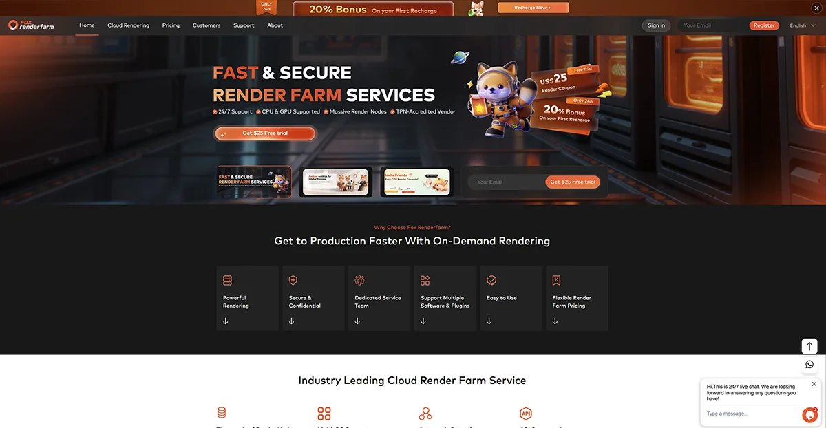 Fox Renderfarm homepage preview.