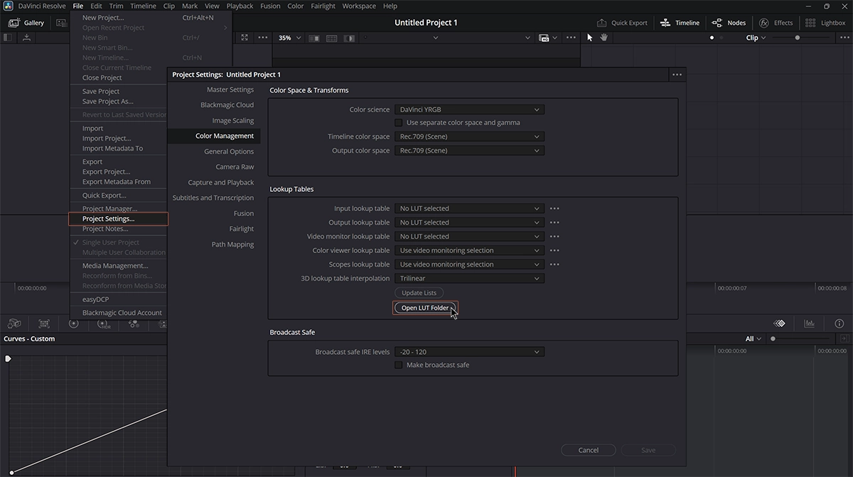 Opening LUT folder in DaVinci Resolve.