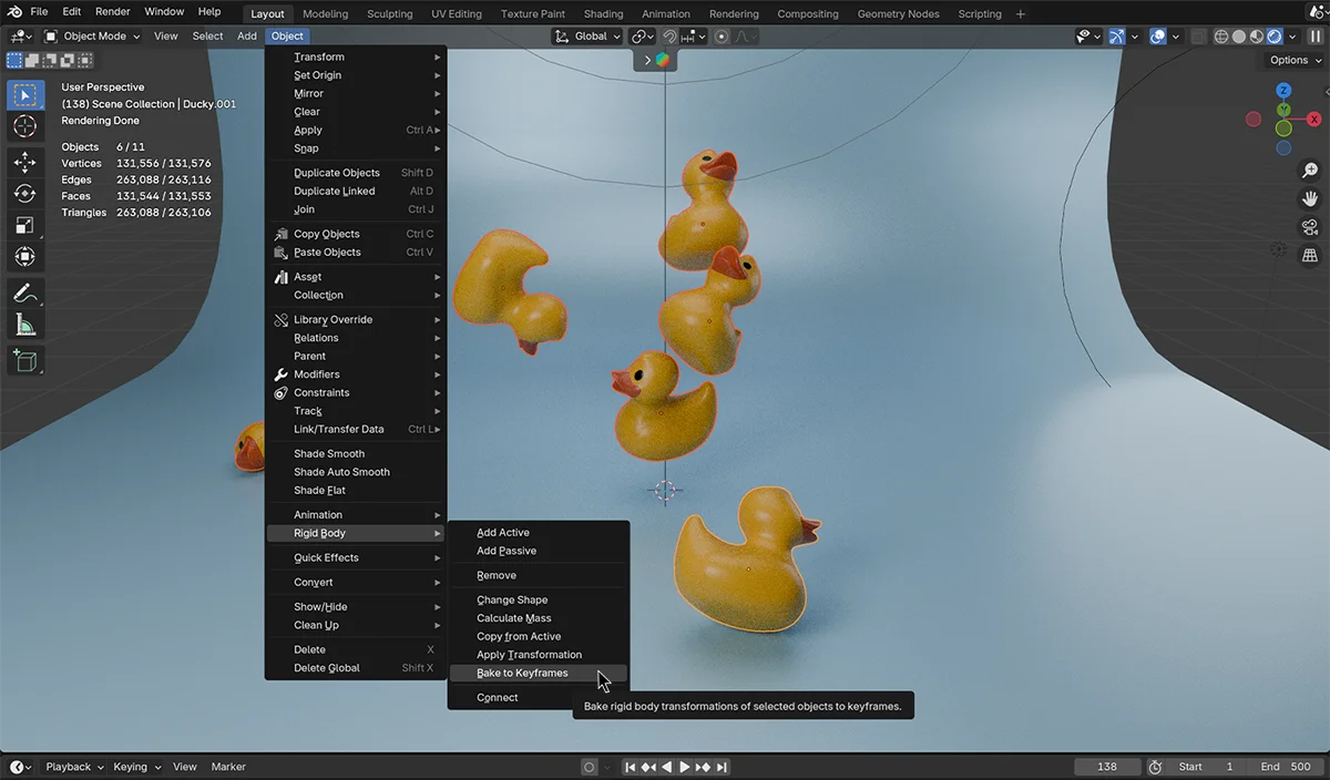 Convert Rigid Body dynamics to keyframes.