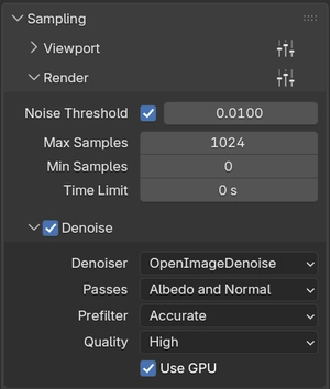 Sampling panel: Adaptive Sampling, Noise Threshold, Max Samples and Denoising options.